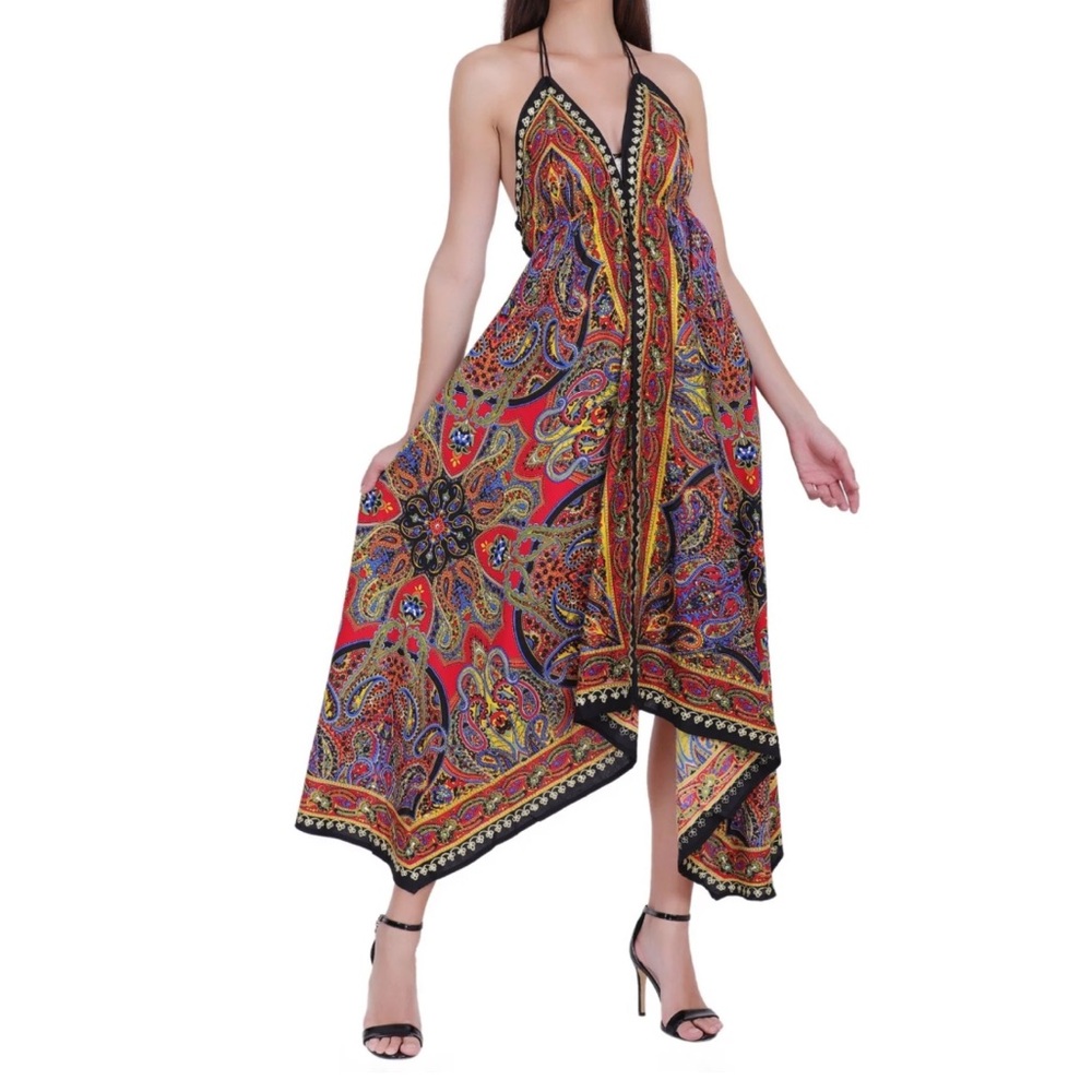 Advance Apparel Black Multicolor Paisley Halter Neck Asymmetric Hem Dress Fairy